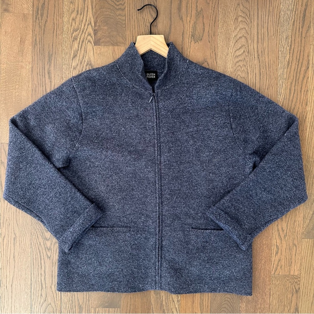 Eileen Fisher Boiled Wool Stand Collar Zip Front Sweater Jacket Blue Medium